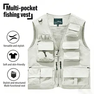 Men’s lightweight breathable sleeveless vest jacket with a V-neck zip design, multiple functional pockets, regular fit suitable for outdoor fishing in all seasons