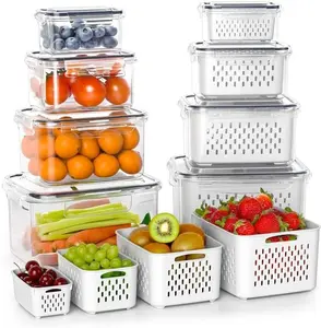 Fruit and Vegetable Organizer, Double DrainerFruit & Vegetable Storage Box,,Kitchen Accessories Storage Organizer (transparent 4 pcs)