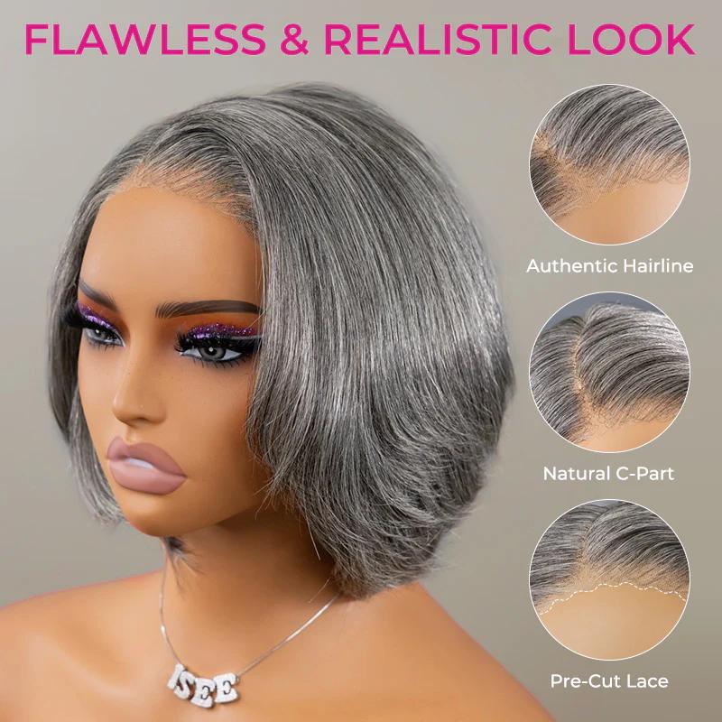 [New Arrivals] ISEE HAIR New In Wear Go Salt and Pepper Layered Bob Glueless Wig Pre-Cut Lace InvisiFit Strap Grey Wig SpringStatements
