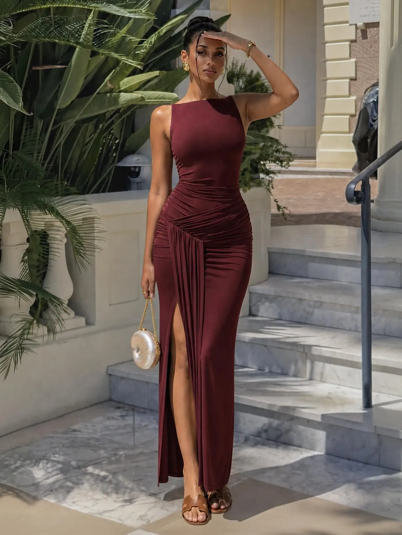 Curvysweet Kinsey Women's Fitted Formal Sleeveless Ruched Tummy Control Bodycon Maxi Dress - Backless, Slit Design, Adjustable Neckline, Flexible Lightweight Elegant Dress for Cocktail Party, Evening Events, Elegant Dresses sohochic