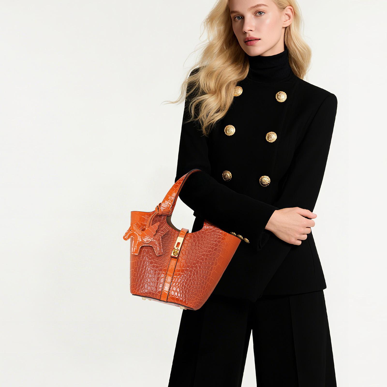 CN6004 Tote Bag for Women Vegan Leather Bucket Purse for Women Crocodile Pattern Top Handle Handbag Shoulder Bag with Detachable Small Purse Apricot TikTokShopHolidayHaul