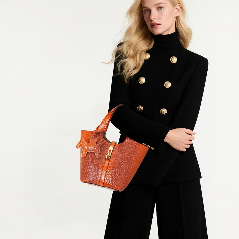 CN6004 Tote Bag for Women Vegan Leather Bucket Purse for Women Crocodile Pattern Top Handle Handbag Shoulder Bag with Detachable Small Purse Apricot TikTokShopHolidayHaul