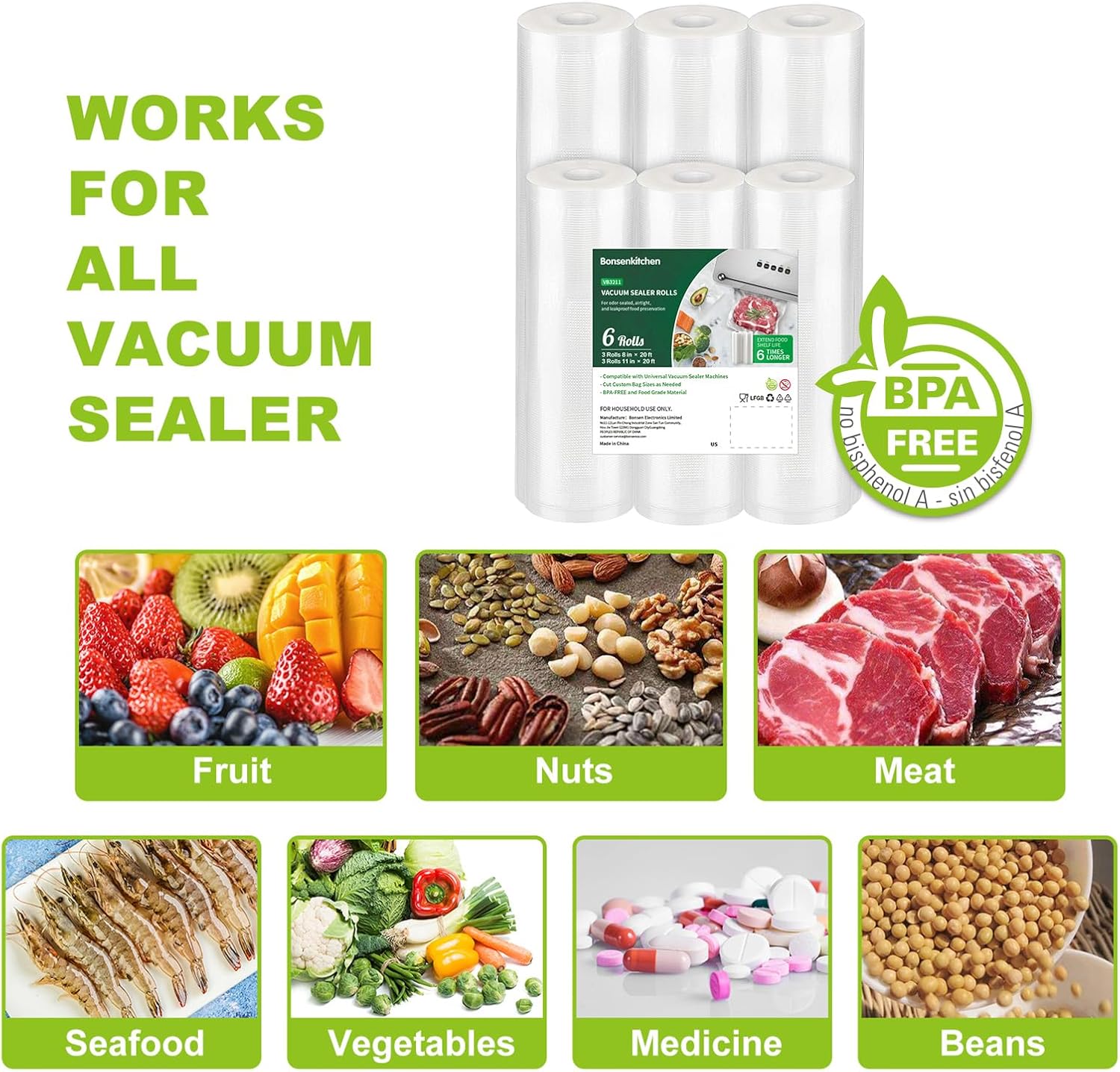 Bonsenkitchen Vacuum Sealer Rolls Bags, 6 Pack 3 Rolls 11" x 20' + 3 Rolls 8" x 20' Commercial Grade BPA Free Bag Rolls, Durable Customized Size Food Vac Bags for Storage and Sous Vide Cooking VB3211