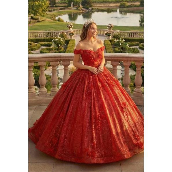 Off Shoulder Floral Applique Corset Ball Quince Dress