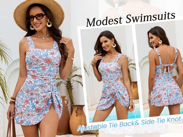 Blooming Jelly Womens One Piece Swim Dress Retro Tummy Control Modest Swimsuit Ruched Wide Strap Square Neck Bathing Suit