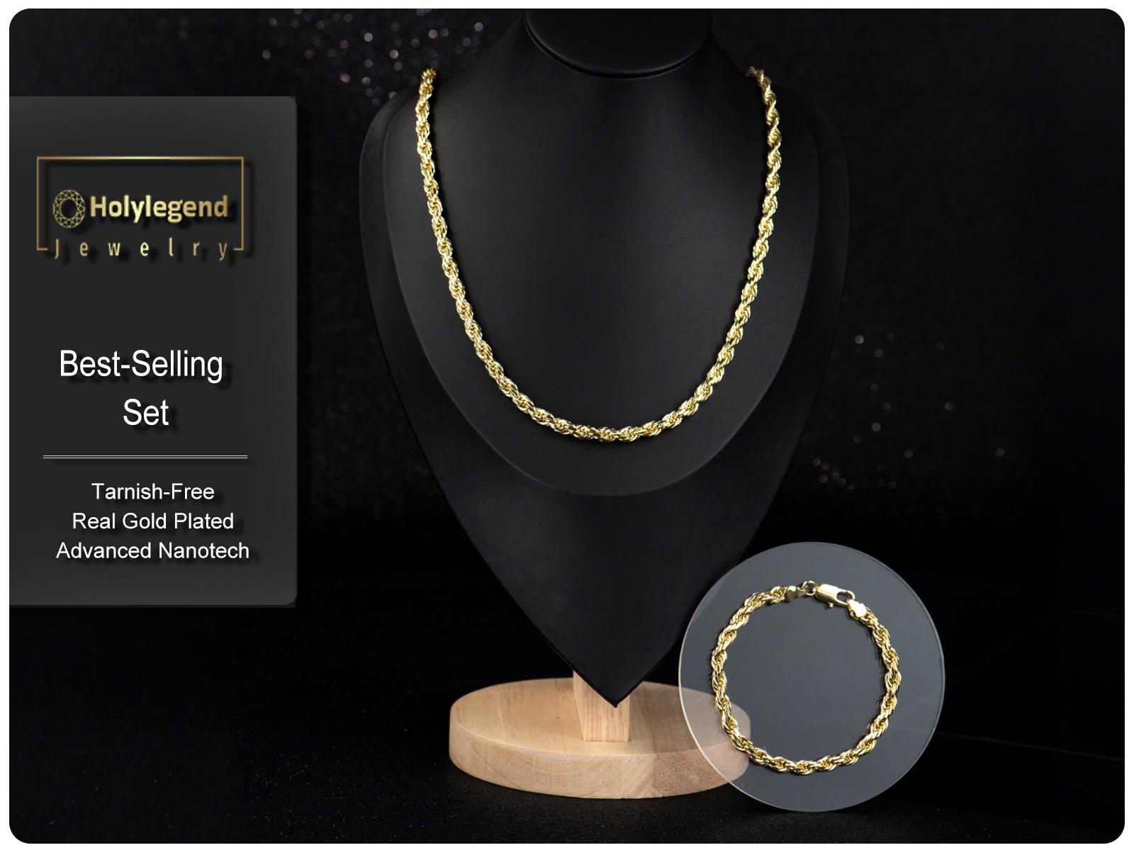 Holylegend 14K Gold-Plated Rope, Cuban, Figaro Set, 24"  Length, Necklaces & Bracelet,Cuban link chain