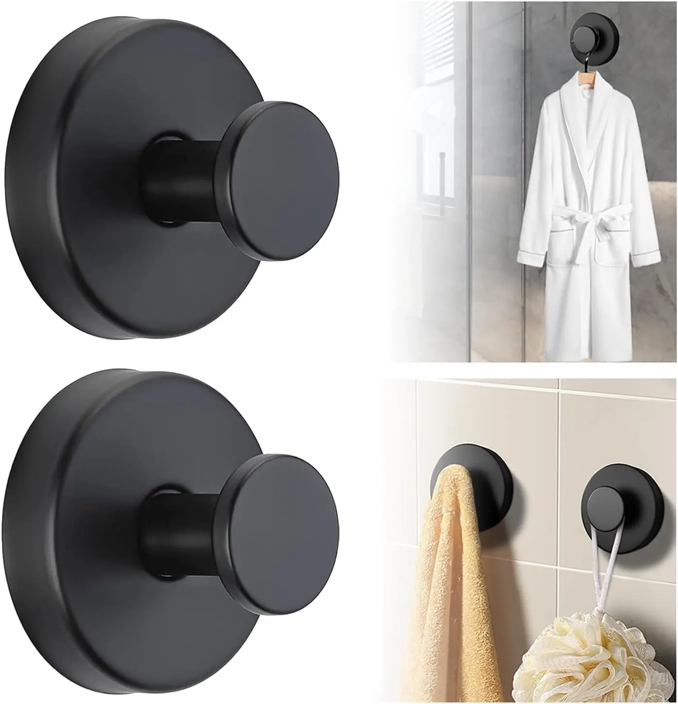 Modern Reusable Drill-Free Suction Cup Towel Rack Hooks - Black, 15 lbs Load Capacity, Door Mount, All Seasons Use, for Shower Tiles, Kitchen Glass, Hanging Robes/Coats/Towels, Bathroom Fixtures Upgrade