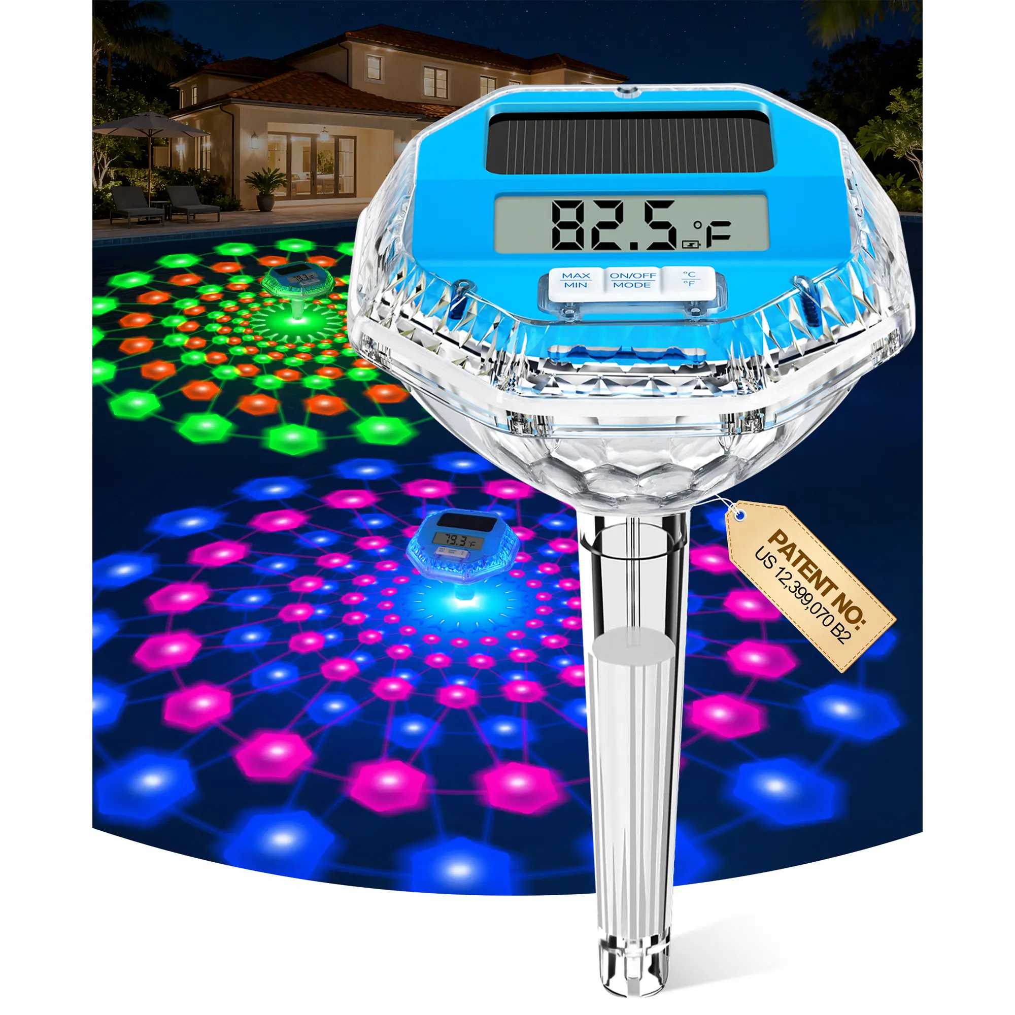 Pircaath 2026 Upgrade Digital Pool Thermometer Floating Easy Read, Solar Pool Thermometer with 7 Dynamic Light Show, Large LCD Screen & IP68 Waterproof Pools Water Temperature Thermometers for Hot Tub