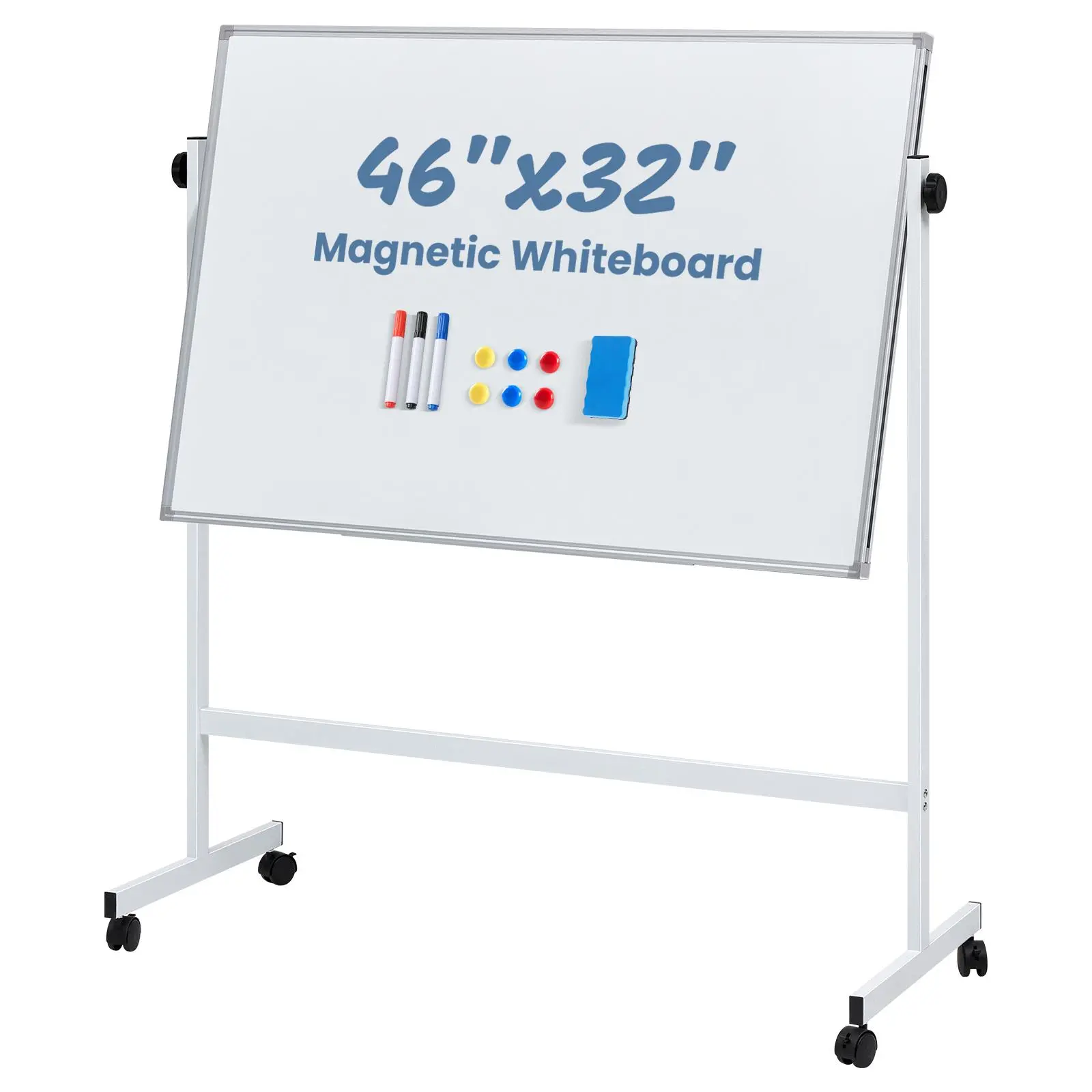 Sweetcrispy Standing Magnetic Whiteboard - Double-Sided Dry Erase Board, 46"x32" with Rolling Wheels & Silver Aluminium Frame, for Office & Home Use, Standing Whiteboard