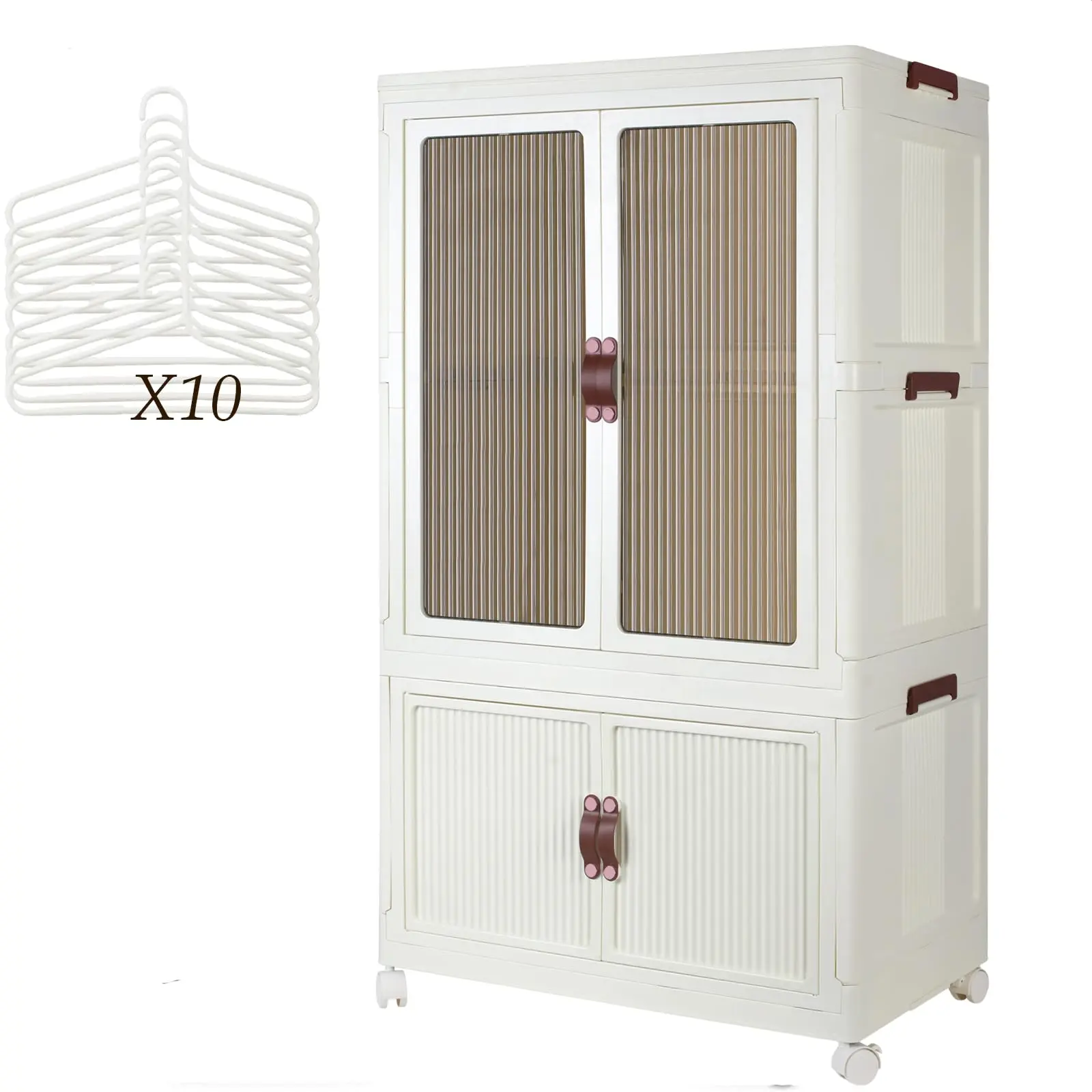 Portable Closet Wardrobe, Folding Storage Bins with Lid, Stackable Storage Box with Hanging Rod and Doors, Collapsible Plastic Clothes Cabinet with Wheels, 10 Hangers