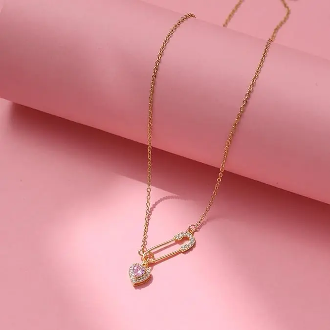 Women's safety pin necklace Gold crystal heart pendant Cross CZ Paper clip Pink gemstone necklace Fashion jewelry Fashion necklace CZ