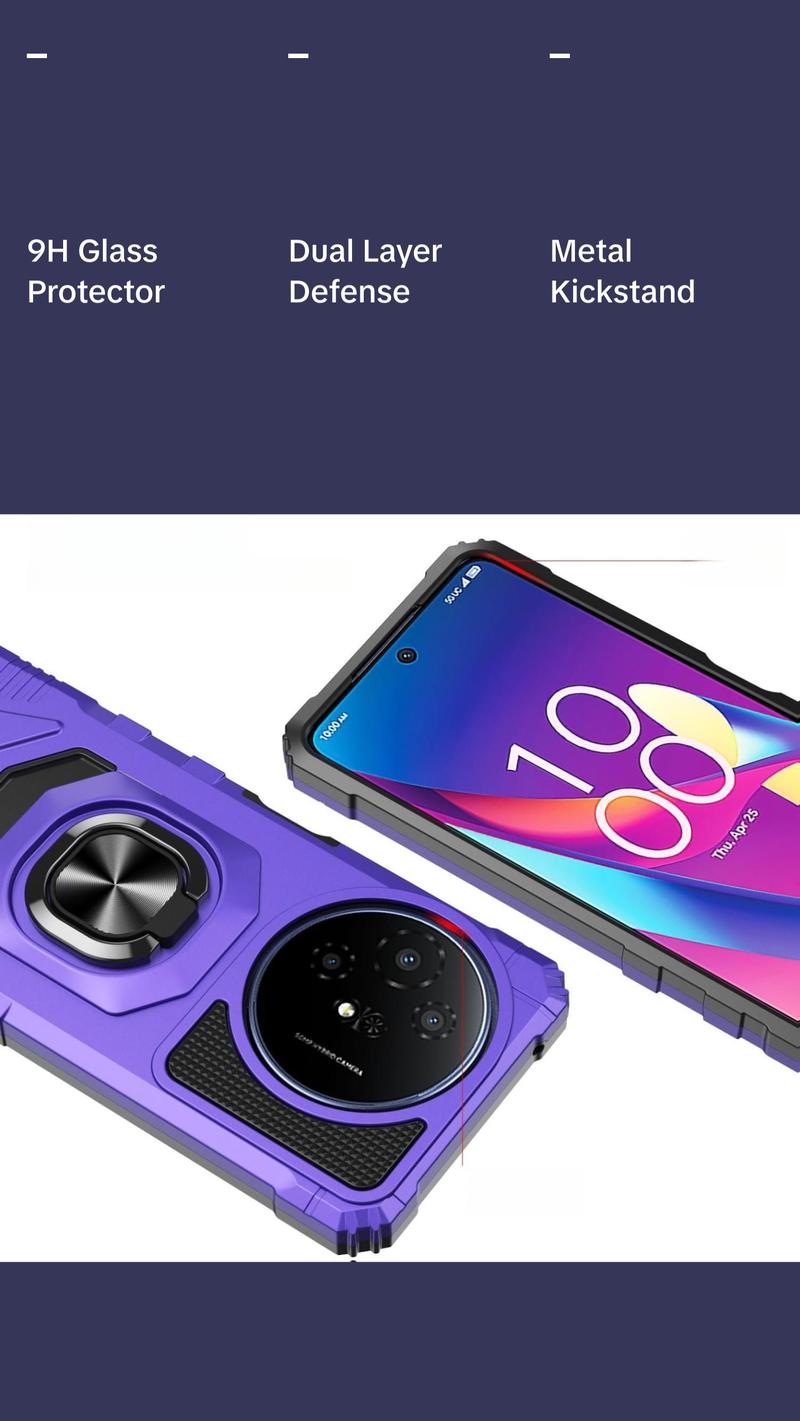 TCL 50 XL 5G Phone Case with Tempered Glass Screen Protector, Military Grade Heavy Duty Shockproof Protective Cover, Ring Kickstand for TCL 50 XL (Purple)