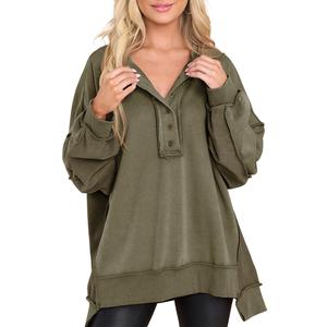 EVALESS Women's Oversized Button Henley Sweatshirts,Casual Long Sleeve Pullover Sweater,V Neck Solid Patchwork Tunic Tops,2026 Fashion Womenswear Fall Winter Outfits  Deals For You Days