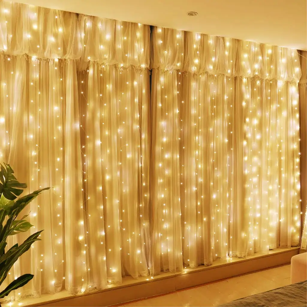 HXWEIYE 9.8x9.8Ft USB Plug-in Window Curtain Party Lights, 300 Warm White Twinkle LED Strip, 8 Modes & Timer with Remote, Ambient Indoor Lighting for Bedroom Wall Accent