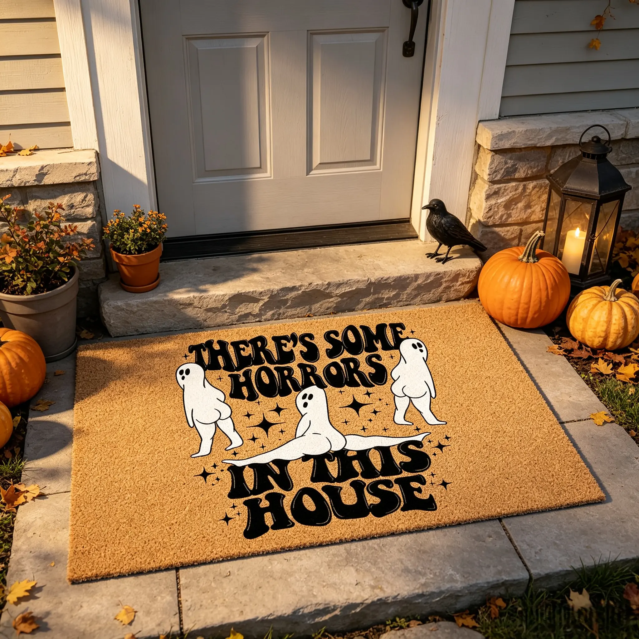 Novelty Print Doormats - Funny Ghost Halloween Welcome Style with "There's Some Horrors in This House" Quote, Non-Slip Outdoor Front Door Rugs, Fade-Resistant Household Textiles