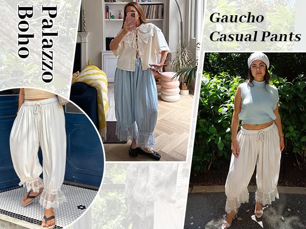 【SS26 Collection】TARSE Women Linen Blend Lace Trim Long Bloomers Pants Ruffle Vintage Pantaloons Summer Beach Travel Vacation Cute Boho Pants with Pockets