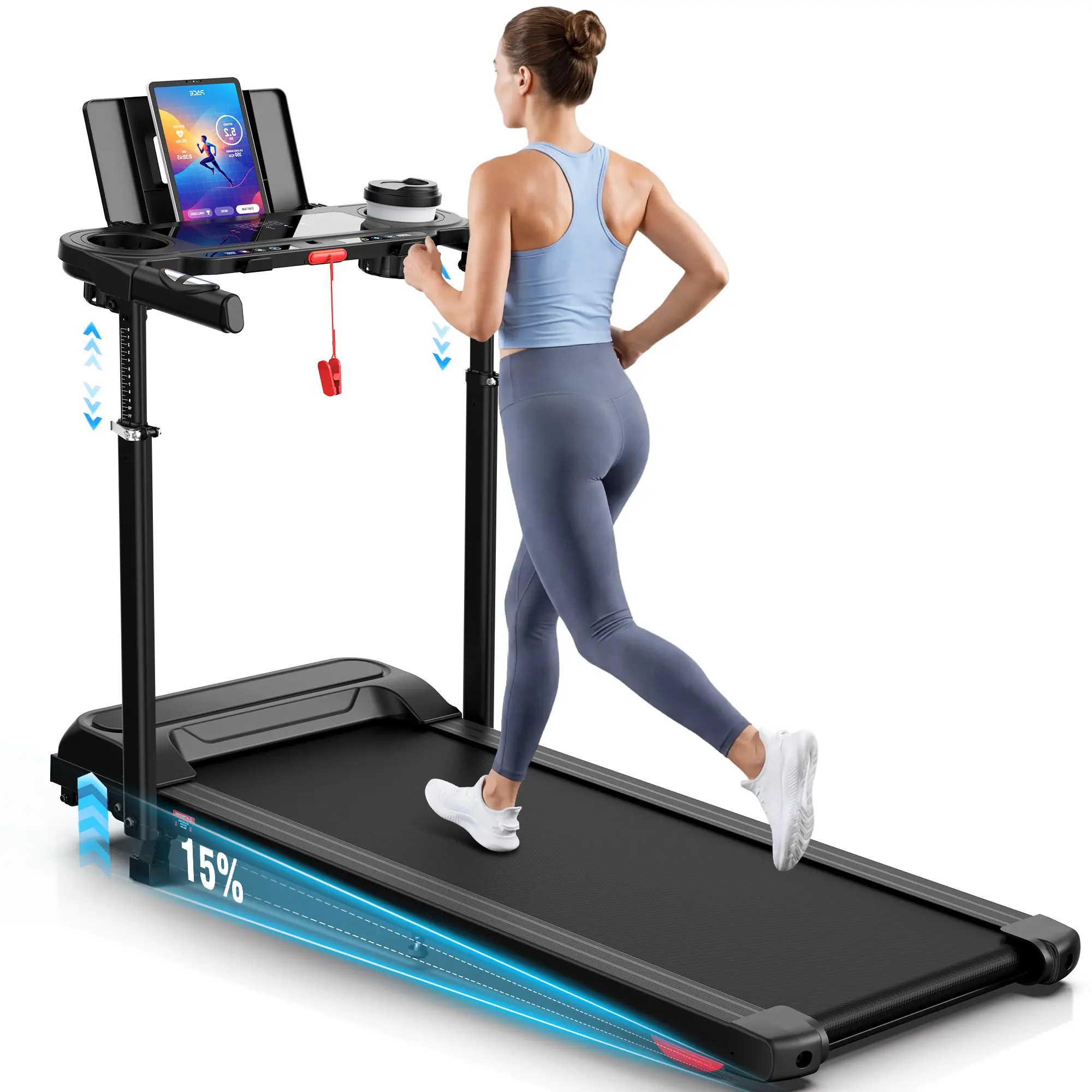 Treadmill for Kids and Adults with Adjustable Height & Desk Workstation, 450LBS Capacity, Easy Assembly Treadmill with 15% Incline and LED Display, 3.5HP Slient Motor Treadmill with Desktop for Home Office Whole Family Workout summerv ti