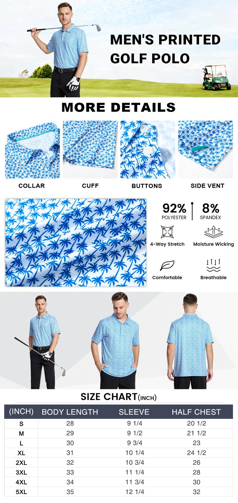 MAELREG Men’s Printed Polo Shirt, Quick Dry Performance Stretch Moisture-Wicking Breathable Golf Top,Blue Shortsleeve Shirt,Fashion Menswear