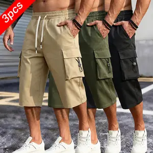 3-Pack Men’s minimalist functional cargo jogger pants, large pockets, drawstring waist, street-style casual for everyday wear