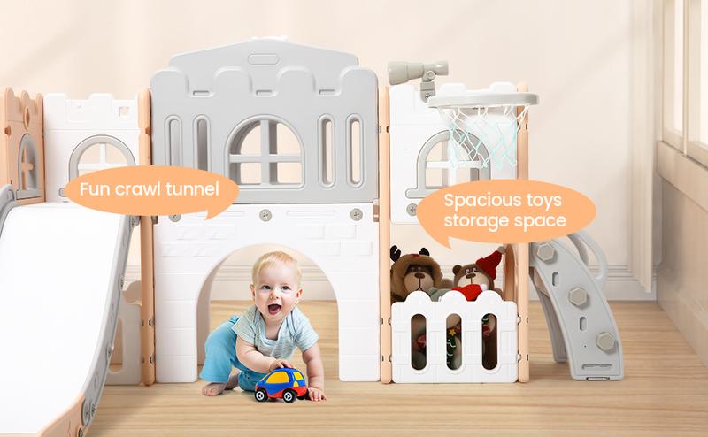 GARVEE and GARVEE 8-in-1 Toddler Slide Playset for Ages 1-3, Indoor and Outdoor Use with Slide, Basketball Hoop, Climber, Crawling Tunnel, Telescope, and Toy Storage