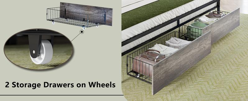 AMERLIFE Bed Frame with 2 Storage Drawers, 2-Tier Storage PU Headboard with Charging Station& LED Lights, No Box Spring Needed/Unique Bedroom Furniture