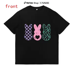 Stylish Retro Checker & Leopard Bunny Easter Printed Streetwear Tee
