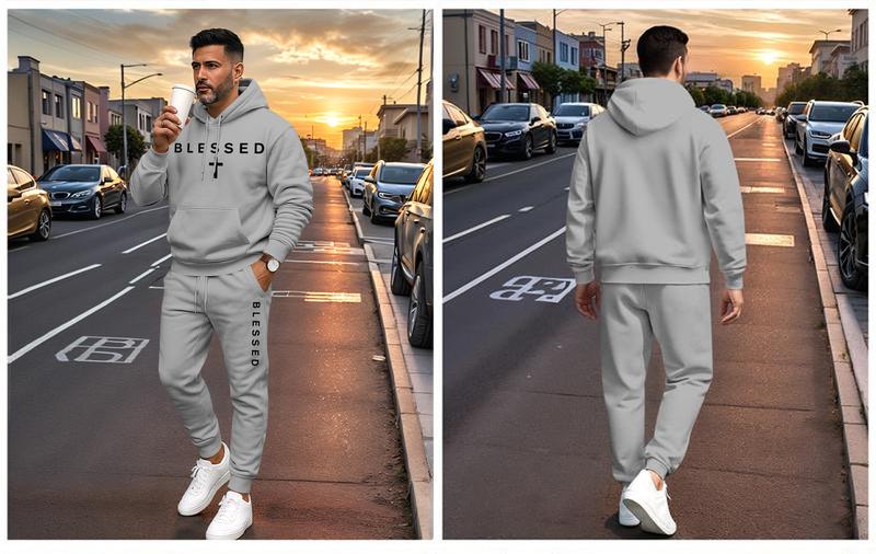 Men's Blessed Cross Letter Print Hoodie & Drawstring Sweatpants Set with Pockets, Casual Athletic Long Sleeve Hoodie & Jogger Pants for Fall & Winter, Sportswear Tracksuit for Indoor & Outdoor Activities