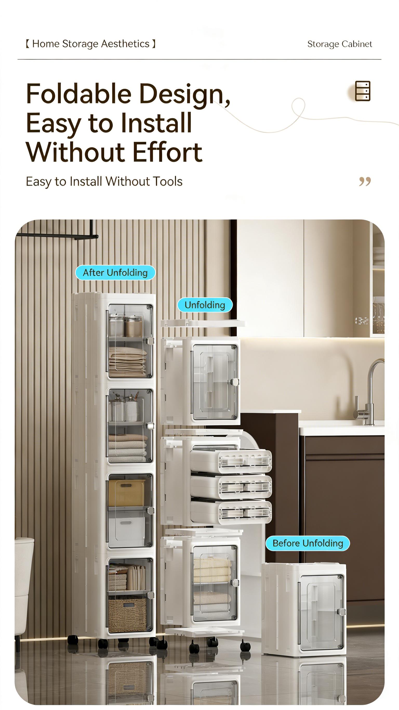 5-Tier Plastic Storage Bins with Lids Stackable Containers with Wheels Folding Boxes Collapsible for Living Room Office Dorm White 157cm