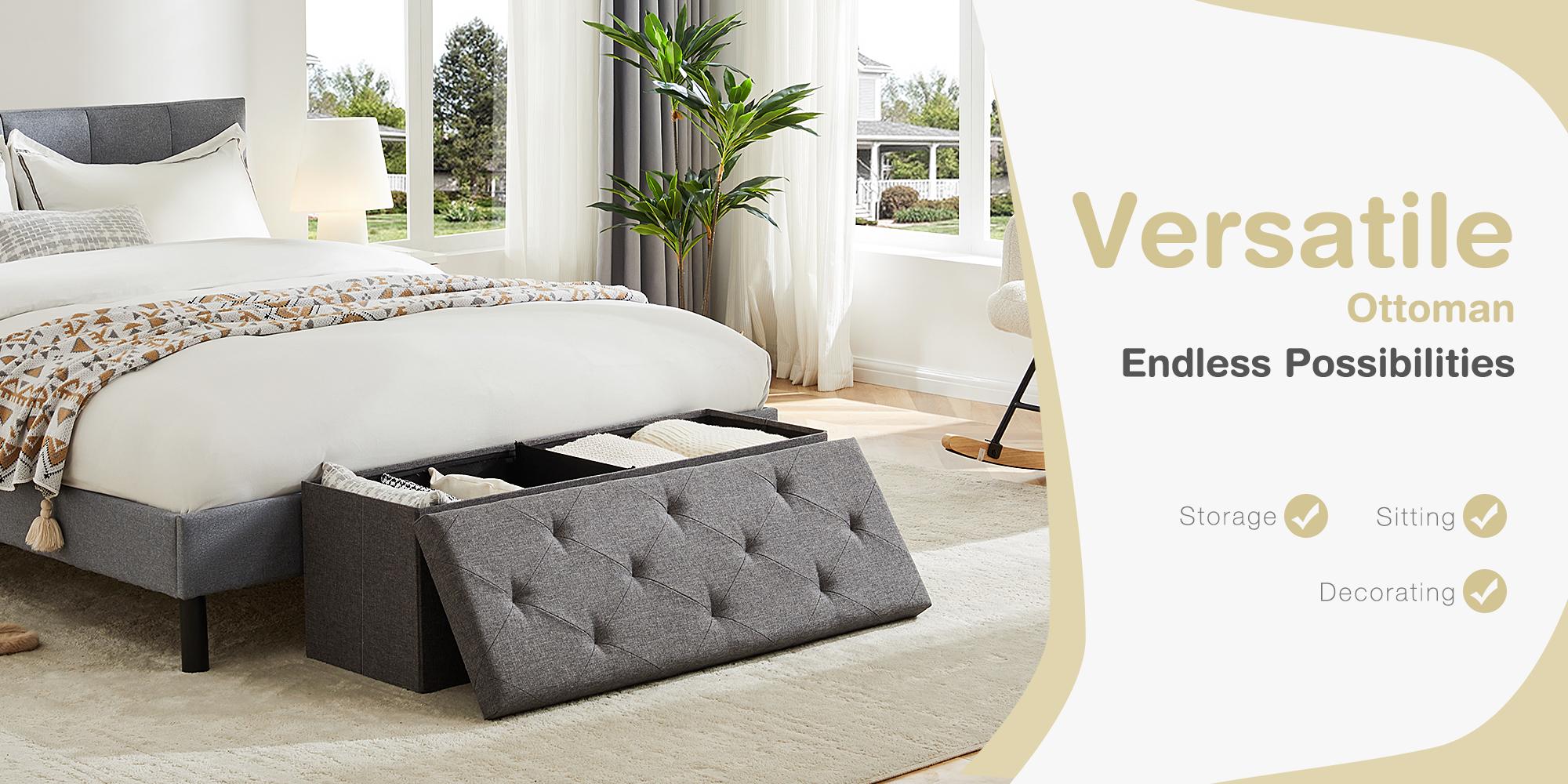 HomeSquad Foldable Storage Ottoman: Large Grey Cloth Ottoman Bench with Padded Seat for Bedroom End of Bed, Entryway, and Living Room