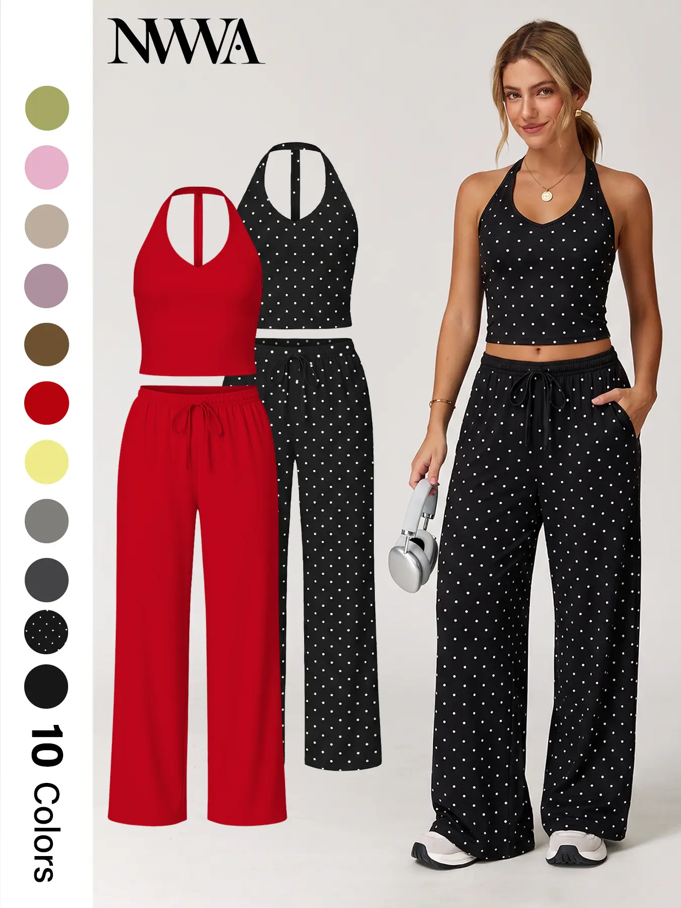 Nvwaurban Women's 2-Piece Athleisure Outfits, Summer Ribbed Fabric Style Set with V-Neck Strappy Top & Wide Leg Pants, Breathable Workout Lounge Wear for Gym & Travel, Sports Clothing Sets for TikTok Shop Back to School