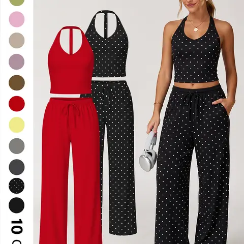 Nvwaurban Women's 2-Piece Shane Gillis Knitting Athleisure Outfit Set - Summer Ribbed Quick-Dry Breathable Fitted Gym Set with V-Neck Strappy Top, Wide Leg Pants for Lounge, Travel,shane gillis gym outfit,outdoorfun