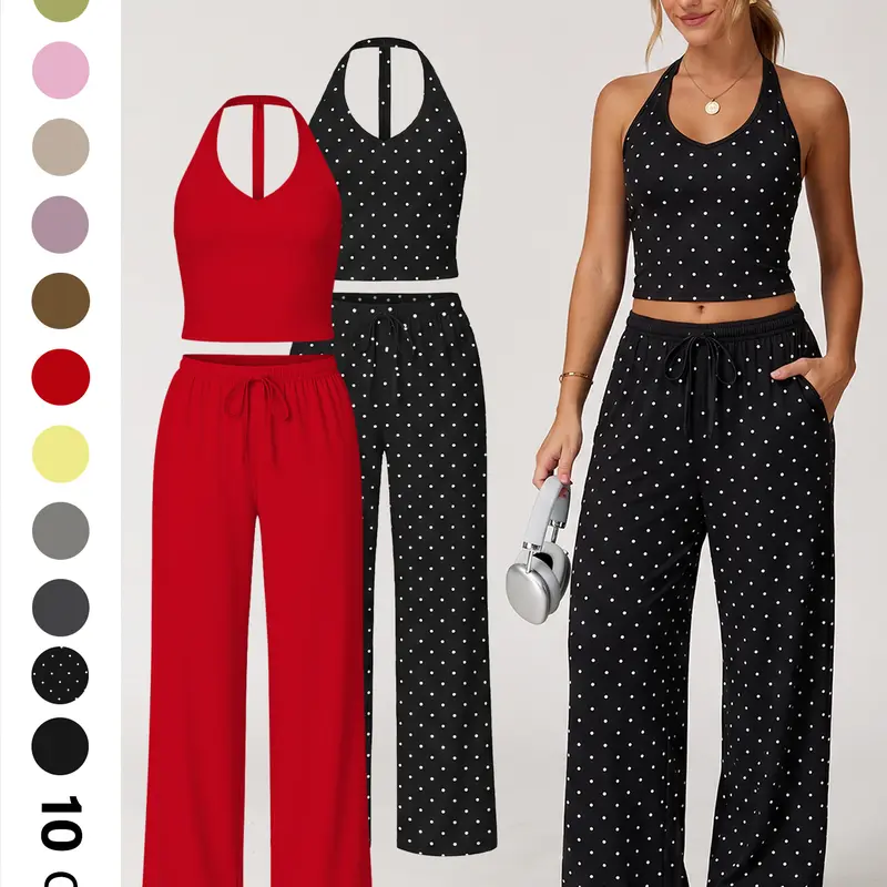 Nvwaurban Women's 2-Piece Shane Gillis Knitting Athleisure Outfit Set - Summer Ribbed Quick-Dry Breathable Fitted Gym Set with V-Neck Strappy Top, Wide Leg Pants for Lounge, Travel,shane gillis gym outfit,outdoorfun