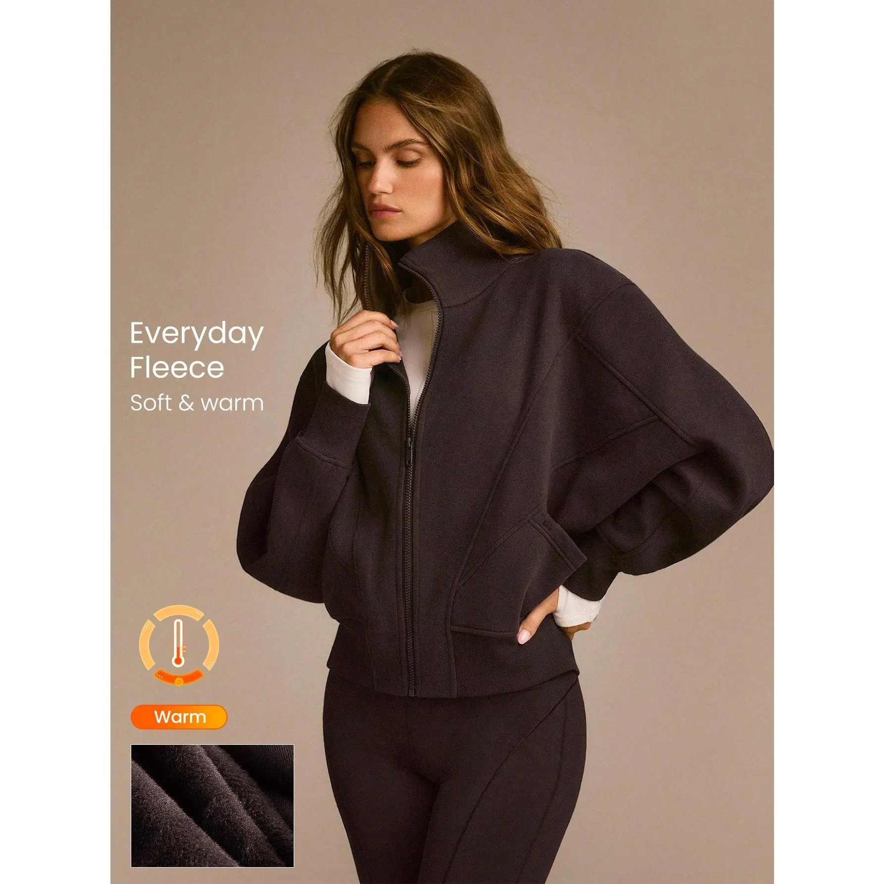GLOWMODE Everyday Fleece WarmthSoft Warm Lightweight Front Back Seam Detailing Pockets Batwing Sleeve High Neckline Full-Zip Jacket