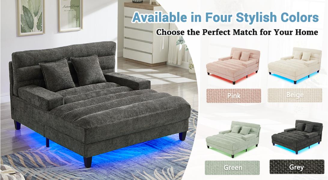 Niccae Modern Chenille Lounge Sofa with RGB LED & Adjustable Backrest - Smart Chaise for Living Room Bedroom, Party Lighting, Relaxation