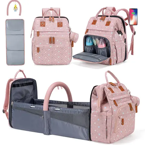 Kabaqoo Upgraded Unisex Diaper Backpack for Parents (16.5'' x 8.7'' x 12.6''), Oxford Material Solid Backpacks - Portable, High-Capacity, Multi-Compartment, Built-In Organizer, Changing Station, Thermal Insulated Pocket, USB Port, Zipper, Travel Strap