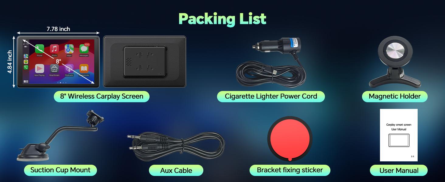 【SpringGlowUp】VOLAM 8-Inch Wireless CarPlay Screen with Vertical & Horizontal Display, Supports Apple CarPlay & Android Auto, Suction Cup & Magnetic Mount, Vent Mount Design for Clear View While Driving