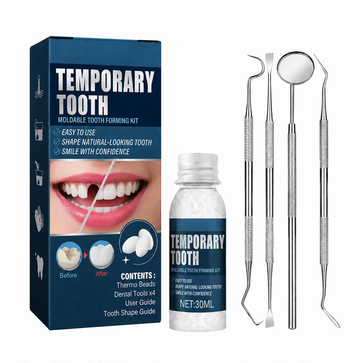 Moldable Temporary Tooth Gel 30ml, DIY Fake Teeth & Tooth Gap Cover for Daily Cosmetic Use, Heat-Fit Tooth Shaping Material for Missing Tooth Appearance, Halloween Costume Makeup & Cosplay