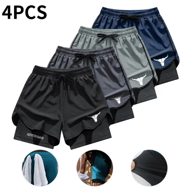 Men’s 2-in-1 double-layer quick-dry shorts with an inner pocket, suitable for summer gym workouts and training.