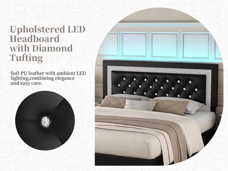 SIBEDS Queen Bed Frame with Adjustable Headboard, PU Upholstered Platform Bed for Bedroom, LED Lighting and Skirt, Diamond Tufted Design, Wooden Slat Support, Easy Assembly