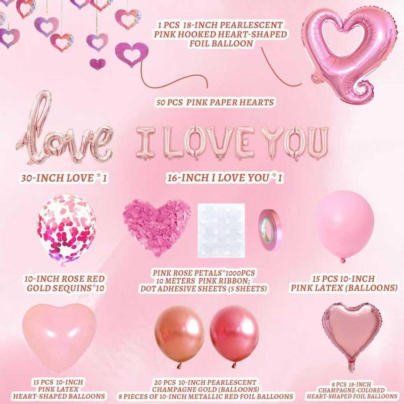 Valentines Day Balloons Kit with I Love You Balloons, 1000pcs Rose Petals and Heart Hanging for Anniversary Wedding Romantic Decorations Special Night