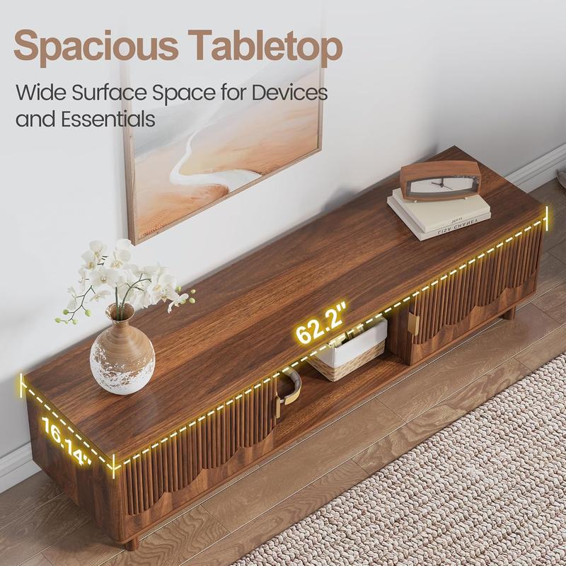 Giratree 62.2" Mid-Century Modern TV Stand, Curved Wooden Media Console with Slatted Storage Doors for 50–70 Inch TVs