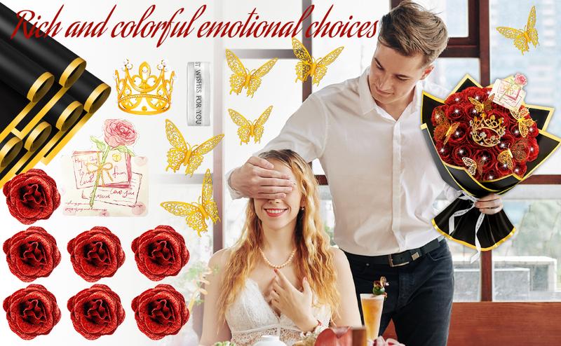 28 Red Glitter Roses Bouquet - Artificial Flowers Bouquet with Diomand Pins,Red Roses DIY Fake Flower Bouquet Kit - Sparkling Flower Arrangement for Valentines Day,Anniversary,Weddings Engagement