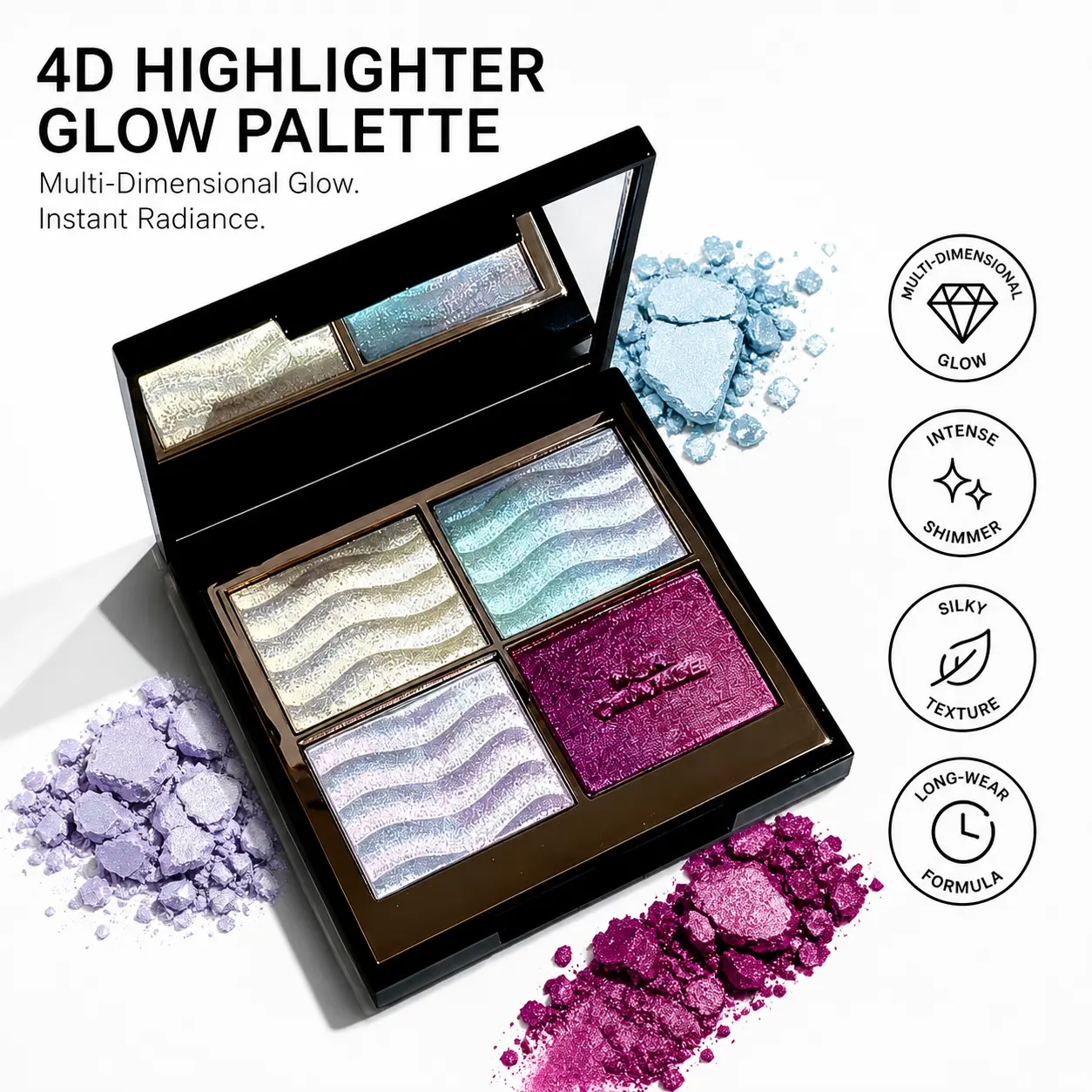 4-Color Multichrome Eyeshadow & Blush Palette - Buildable Sparkling Highlighter with Blue, Purple, Red & Gold Shimmer - Sweat-Resistant for Halloween, Parties & Gift Giving！