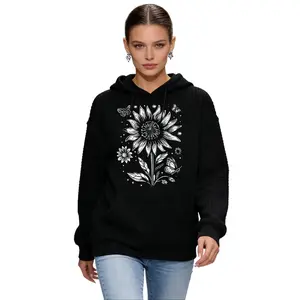 Trendy Bohemian Nature-Inspired Hooded Top for Ladies, Relaxed Fit Comfortable Hoodie with Unique Monochrome Floral & Butterfly Design, Perfect for Fall & Winter Fashion