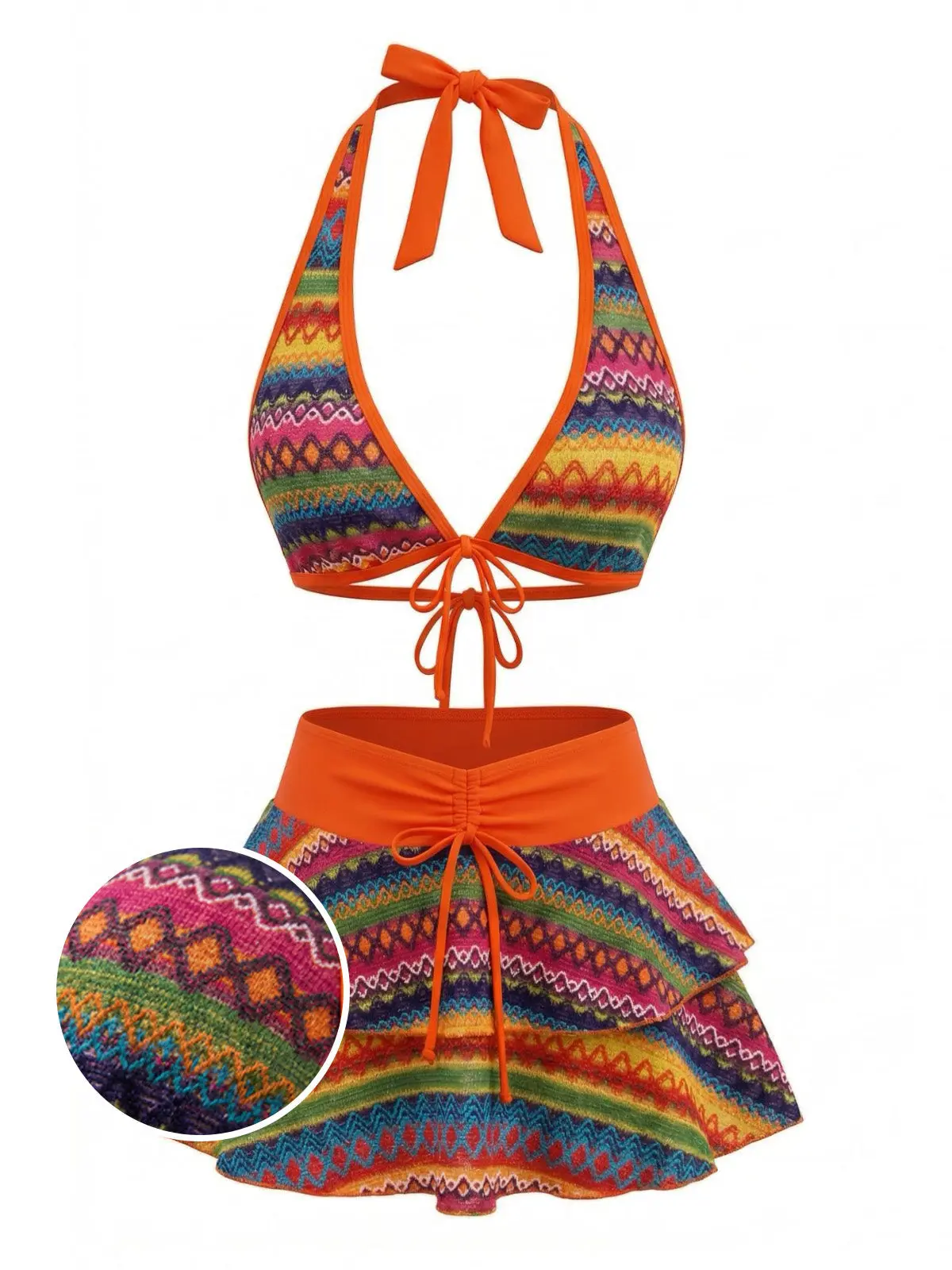 Rainbow Orange 1980s Boho Irregular Bikini Set & Cover-Up