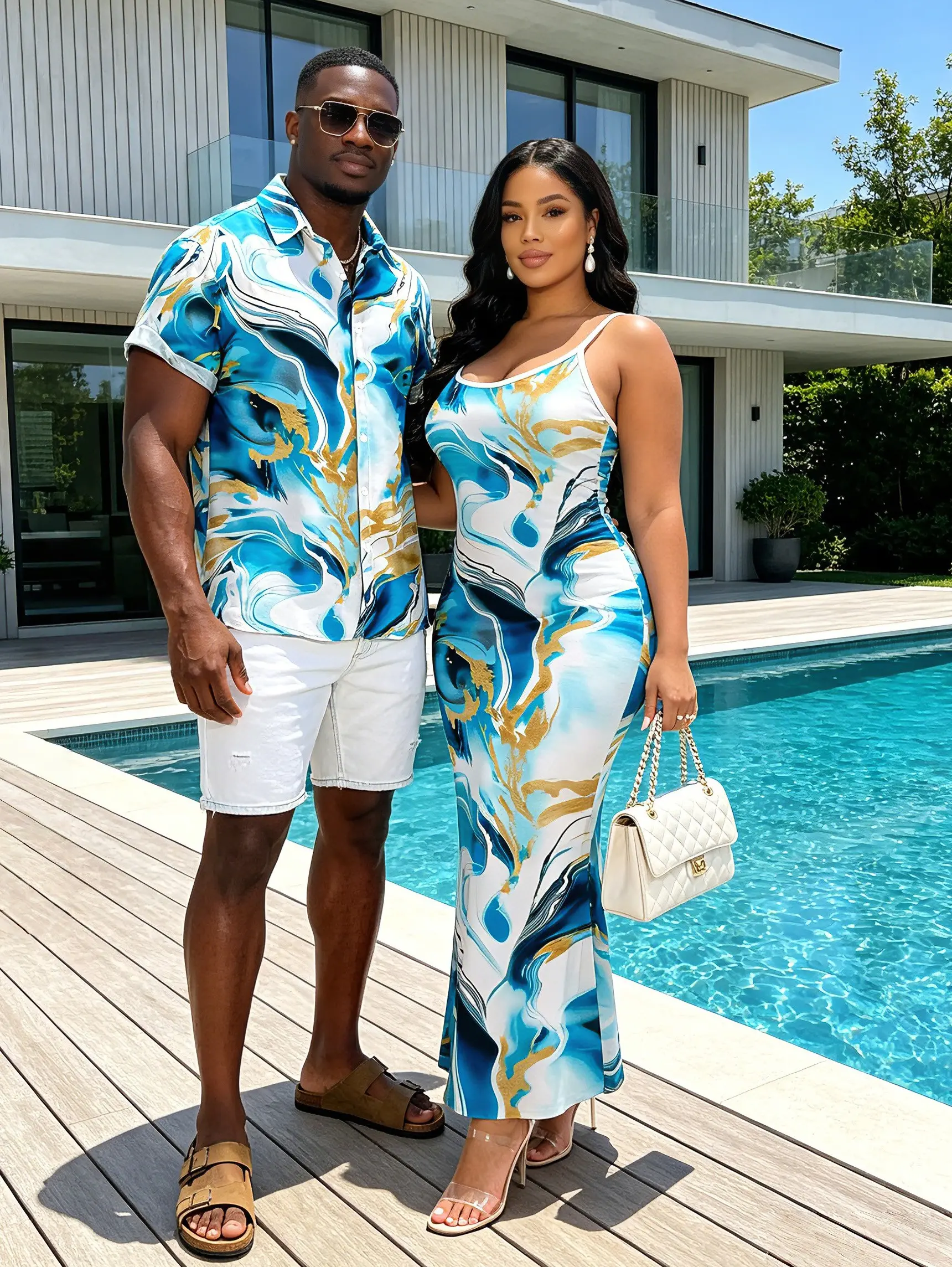 Vacation Matching Couple Outfit Marble Fluid Swirl Tie Dye Print Short Sleeve Shirt & Women Bodycon Mermaid Maxi Dress Matching Set