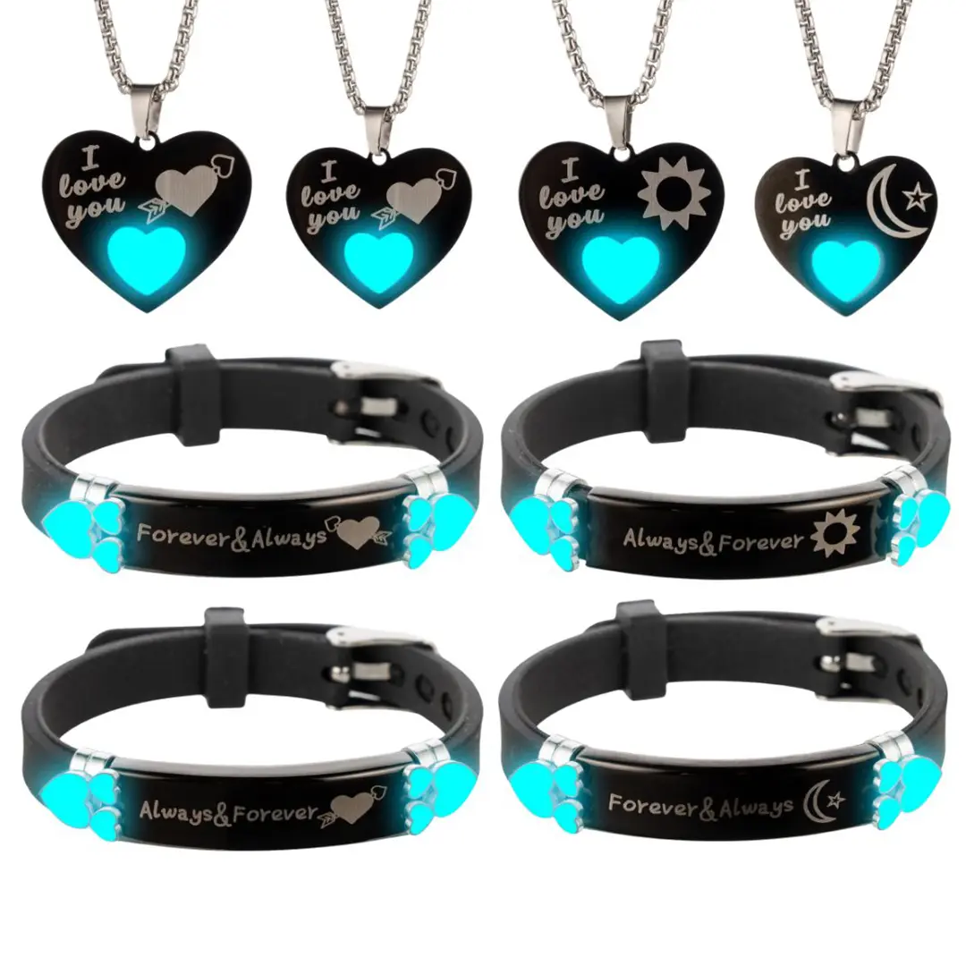 Couples 4-Piece Stainless Steel Matching Heart Necklace & Bracelet Set - Glow-in-the-Dark, Engraved Love Text, Fade-Proof Link Chains, Unisex Fit, Casual Daily Wear, Anniversary Gift, Couple Gifts for Adults, Everyday Wear