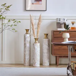 3-Piece Handcrafted Metal Floor Vase Set, Gold & White Embossed Tall Vases for Living Room Entryway, Modern Vintage Decor for Pampas Grass & Ideal Housewarming/Holiday Gifts rearranging accent furniture