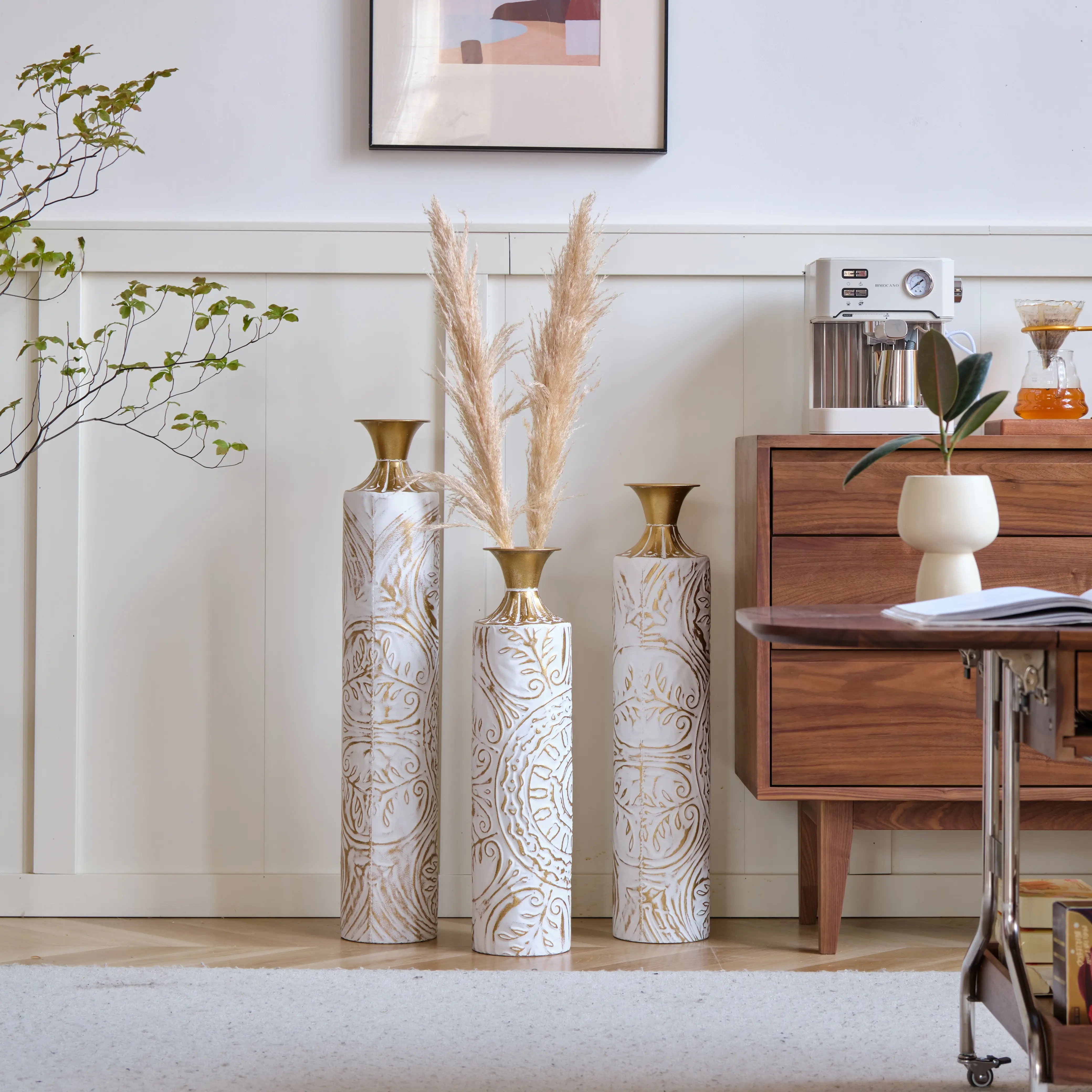 Summerwins Handmade 3-Piece Metal Floor Luxurious Centerpieces Vases - Gold & White Embossed Swirls Glossy Vintage Decor, Modern Plant Vase, Gift for Grand Entryways, Housewarmings