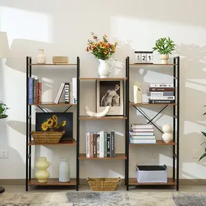 Triple 4 Tier Bookshelf, Tall Book Shelf with 11 Open Display Shelves, Adjustable Industrial Bookcase in Living Room, Bedroom, Wide Metal Bookshelf Book Case for Home & Office, Rustic Brown